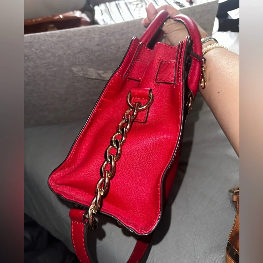 Red leather shoulder bag top handle satchel bag Michael Kors Hamilton purse